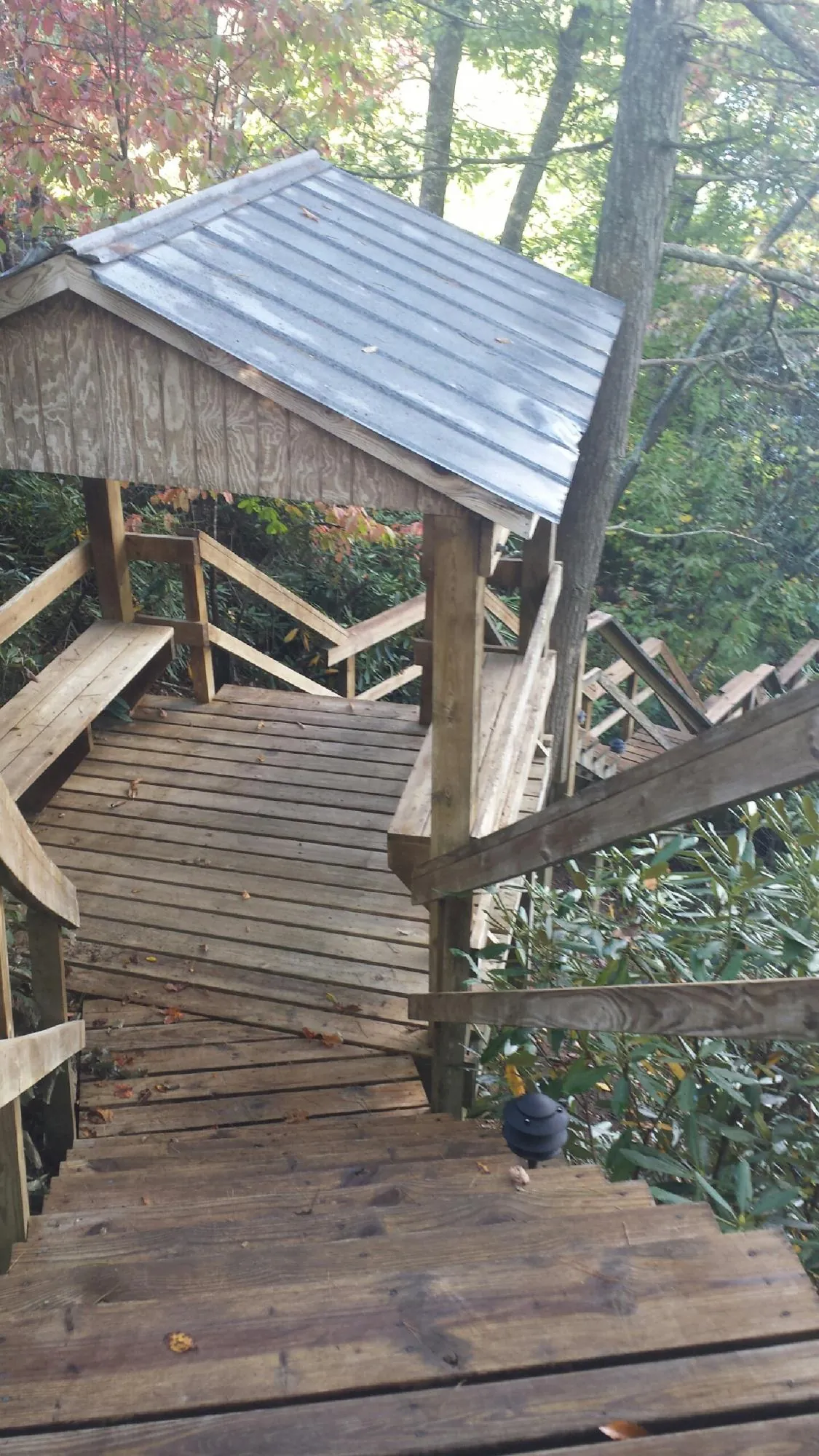 Metal roofed shelter over wooden steps on a wooded walkway — Skylight Repair & Installation work by our crew in Roann